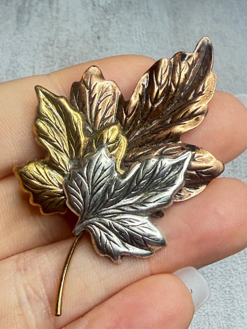 Leaf Brooch Tri Color Vintage Mixed Metal Pin 2.5 inches
